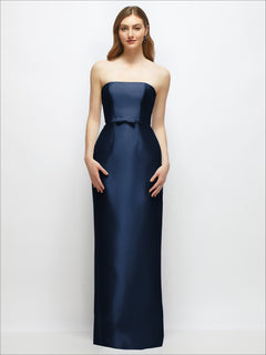 Strapless Satin Column Dress with Bow-Trimmed Skinny Belt