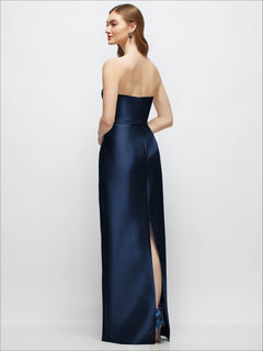 Strapless Satin Column Dress with Bow-Trimmed Skinny Belt