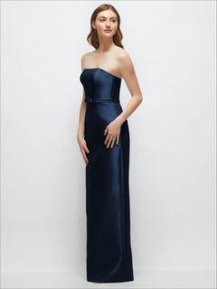 Strapless Satin Column Dress with Bow-Trimmed Skinny Belt