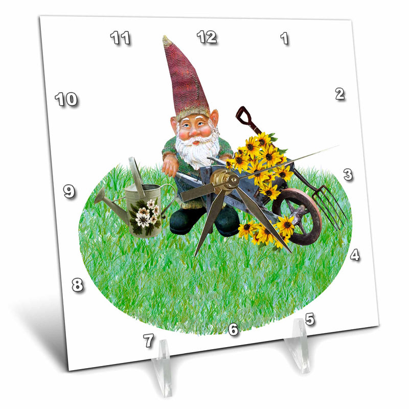 3dRose Garden Gnome Working in Flower Garden, 3dramm - Desk Clocks (dc_349559)
