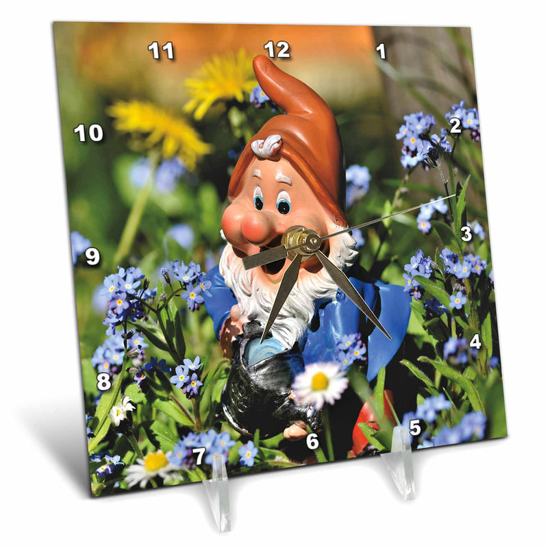 3dRose Garden Gnome with Blue White and Yellow Flowers, 3dramm - Desk Clocks (dc_349571)