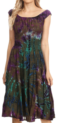 Sakkas Alba Women's Off The Shoulder Smock Ruffle Midi Dress Tie Dye & Embroidery