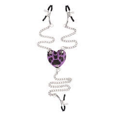Leather Heart Leopard Print Nipple Clamps with Chains