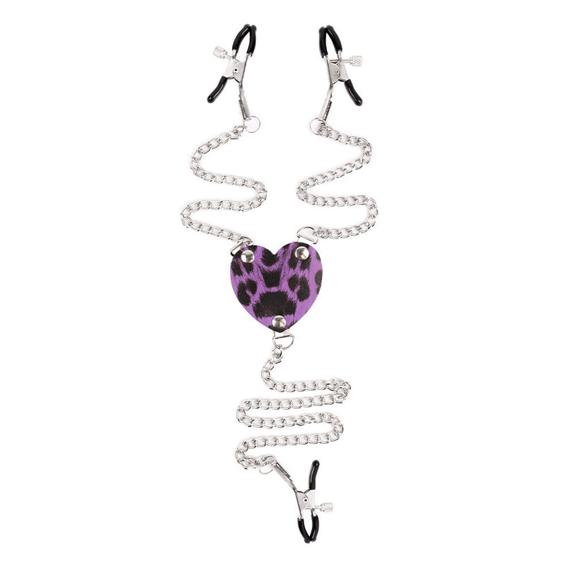 Leather Heart Leopard Print Nipple Clamps with Chains