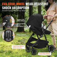 Deluxe Adjustable Baby Stroller with Bassinet - Black