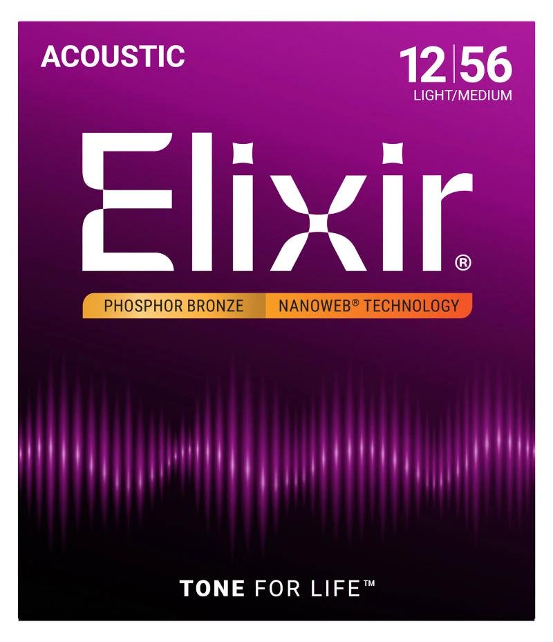 Elixir 16077 Nanoweb Phosphor Bronze Acoustic Guitar Strings – 12-56 Light/Medium