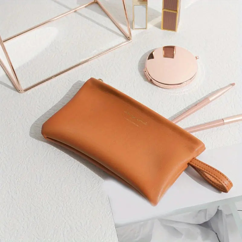Letter Graphic Soft Leather Makeup Bag with Wristlet