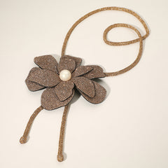 Pearl Centered Bling Studded Flower Pointed Bolo Tie Necklace