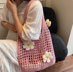 Knitted Woven Mesh Handbag with Hollow Out Flower Design, Large Capacity Versatile Shoulder Bag