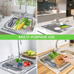 Expandable Roll Up Dish Drying Rack with Baskets