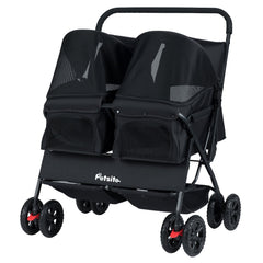 Foldable Double Pet Stroller with Adjustable Sunshade and Storage Basket
