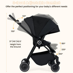 Foldable Infant Pram Stroller with Reversible Seat Reclining Backrest