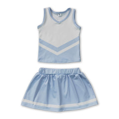 Sleeveless white light blue top skirt girls team cheer active set
