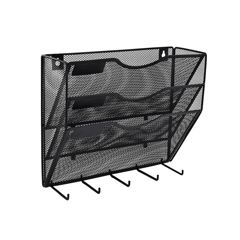 Metal Wall-Mounted File Organizer with Hooks (3-Tier)
