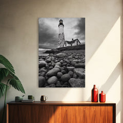 Lighthouse Shore Rocks, Coastal Beacon, Moody Clouds, Framed Canvas Print, Nautical Wall Art, Rustic Beach House Decor, Fall Storm Style