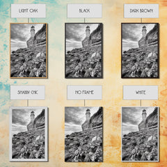 Lighthouse Beacon, Rocky Shoreline, Nautical Coastal Scene, Framed Canvas Print, Ocean View Art, Seaside Living Room Wall Decor