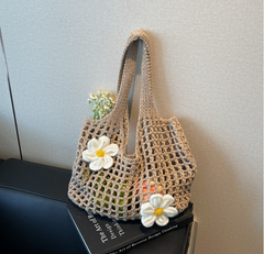 Knitted Woven Mesh Handbag with Hollow Out Flower Design, Large Capacity Versatile Shoulder Bag