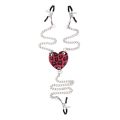 Leather Heart Leopard Print Nipple Clamps with Chains