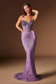 Ladivine J903 Lavish Crystal Encrusted Sheer Corset Bodice Fitted Gown