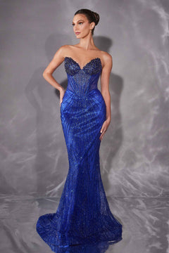 Ladivine J903 Lavish Crystal Encrusted Sheer Corset Bodice Fitted Gown