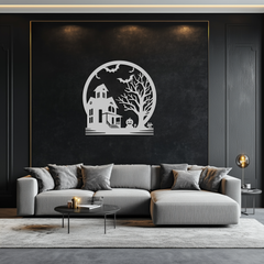 Haunted House & Bat Scene Metal Wall Art – Spooky Halloween Decor- KAF373