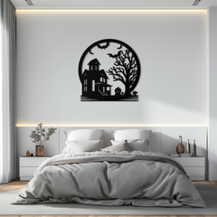 Haunted House & Bat Scene Metal Wall Art – Spooky Halloween Decor- KAF373