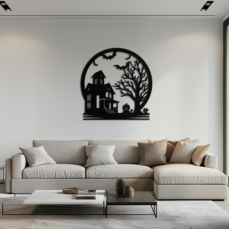 Haunted House & Bat Scene Metal Wall Art – Spooky Halloween Decor- KAF373