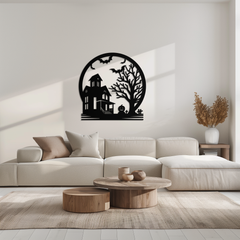 Haunted House & Bat Scene Metal Wall Art – Spooky Halloween Decor- KAF373