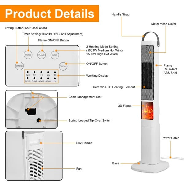 1500W Ceramic Tower Space Heater