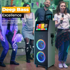 Karaoke Machine With 2 UHF Wireless Microphones For Adults, 4000W Dual 8'' Woofer All In One Wireless Karaoke Speaker, PA System With DJ Light, Rolling Wheels And Trolley, Perfect For Outdoor, 14.1" Touchscreen, USB/TF/FM/AUX