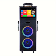 Karaoke Machine With 2 UHF Wireless Microphones For Adults, 4000W Dual 8'' Woofer All In One Wireless Karaoke Speaker, PA System With DJ Light, Rolling Wheels And Trolley, Perfect For Outdoor, 14.1" Touchscreen, USB/TF/FM/AUX