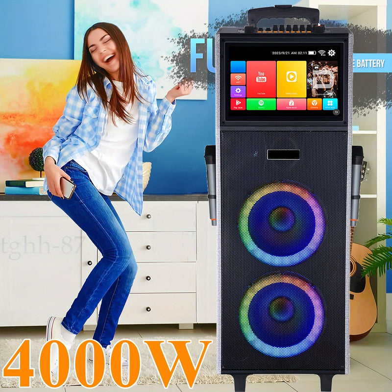 Karaoke Machine With 2 UHF Wireless Microphones For Adults, 4000W Dual 8'' Woofer All In One Wireless Karaoke Speaker, PA System With DJ Light, Rolling Wheels And Trolley, Perfect For Outdoor, 14.1