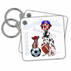 3dRose Key Chains Dalmatian with Football and Helmet and a Papillon in a Baseball Hat, with Ball and Glove Sport Theme (kc-127603-1)