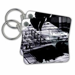 3dRose Key Chains Grunge DJ art - black and white music deejay playing with control equipment - cool knobs sliders (kc-161557-1)