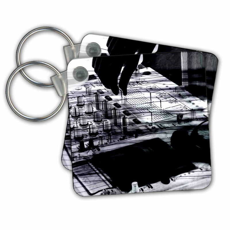 3dRose Key Chains Grunge DJ art - black and white music deejay playing with control equipment - cool knobs sliders (kc-161557-1)