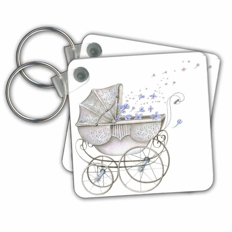 3dRose Key Chains Cute Gray Stroller Pram With Pretty Blue Flowers (kc-255055-1)