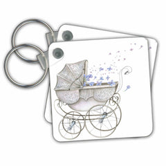 3dRose Key Chains Cute Gray Stroller Pram With Pretty Blue Flowers (kc-255055-1)