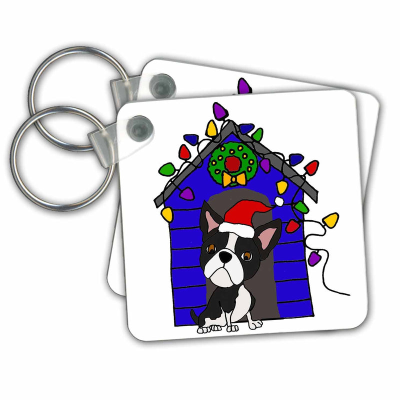 Key Chain - Fun Cool Boston Terrier Dog with Christmas Lights Doghouse Christmas