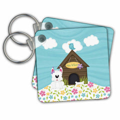 Key Chains Cute Dog with Bone Next to Doghouse, Bird on Roof, Flowers, Birthday (kc-308979-1)