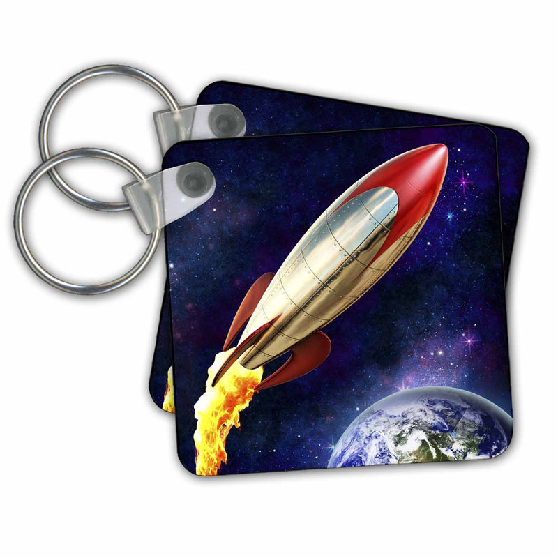 3dRose Key Chains Rocket shooting through space around Earth (kc-53074-1)