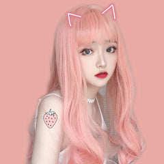 Long Pink Wavy Wig with Bangs for Women (Full Cap)