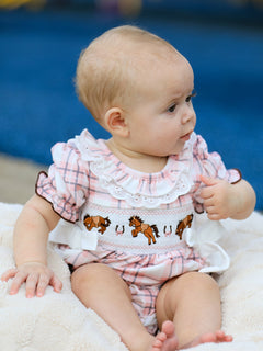 Western Horse Embroidered Smocked Plaid Baby Girl Romper