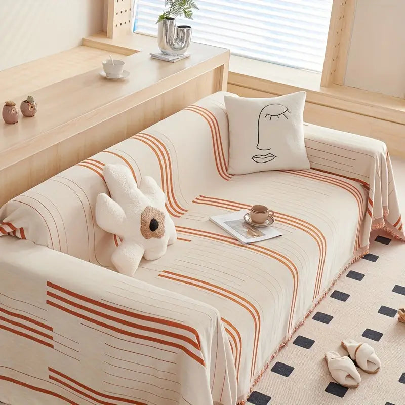 Soft Chenille Sofa Throw with Tassels and Washable Cover