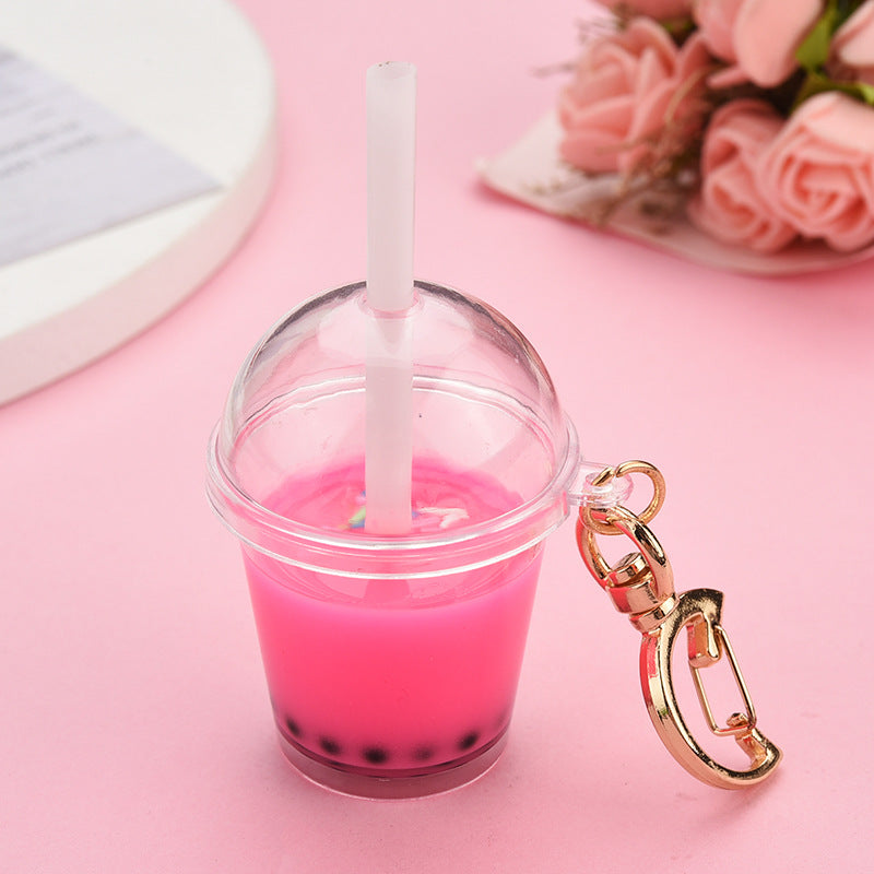 Mini Pearl Milk Tea Cup Keychain with Moon Buckle