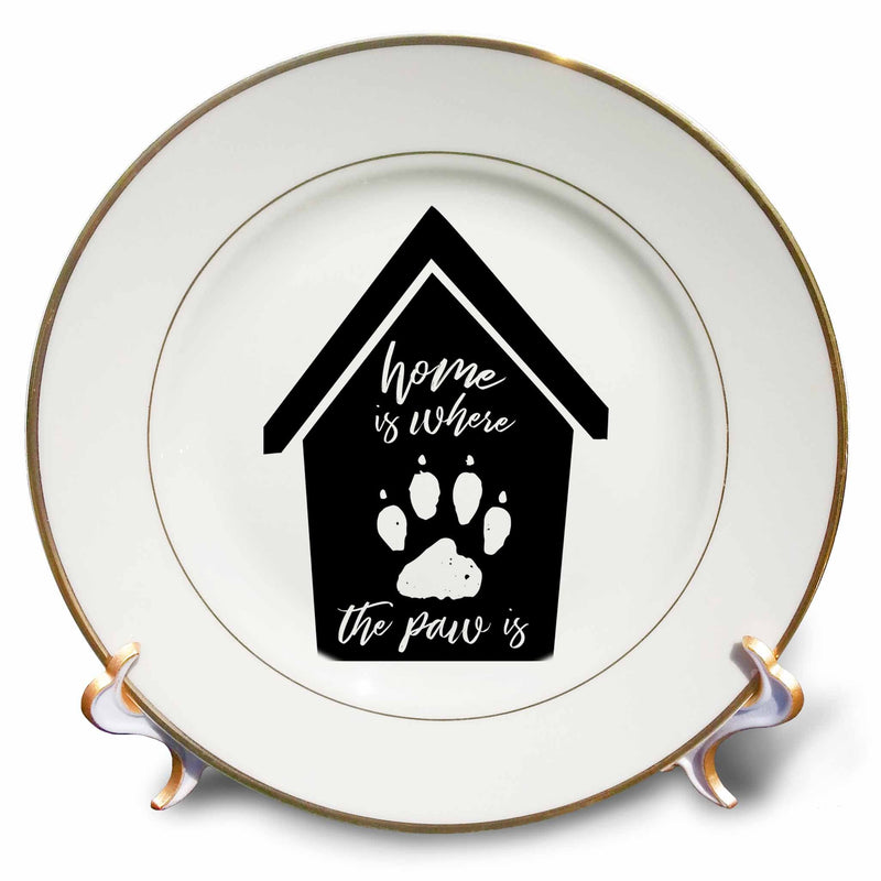 3dRose Becky Nimoy Stationery – Animals - Home is Where The paw is Inside a Dog House Silhouette with paw Print - Plates