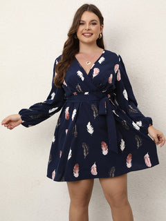 Trendy Plus Size Deep V-Neck Feather Print Dress