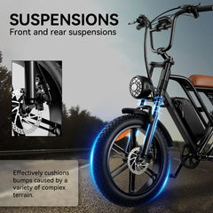G60 E-Bike 1000W Adult Electric Bicycle 20” Fat Tire E-Bike 48V 15Ah Battery 45-55KM Range Dual Suspension 31MPH