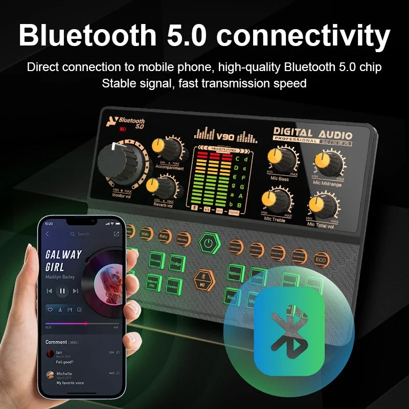 Gaming Audio Mixer,Streaming Mixer with Audio Interface BT Sound Board Voice Changer Sound Card,for PC Phone Live Streaming