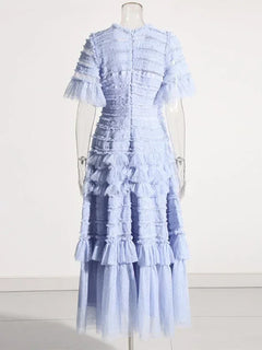 Patchwork Edible Tree Fungus Elegant Dresses For Women Round Neck Short Sleeve High Waist Temperament Dress Female Fashion