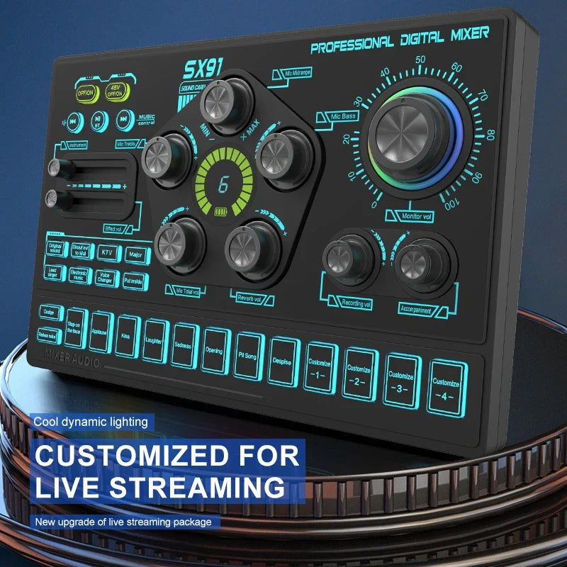 SX91 48V Audio Mixer with Voice changer,Podcast Mixer,Sound Card for Phone Gaming Karaoke Studio Live Streaming Podcast